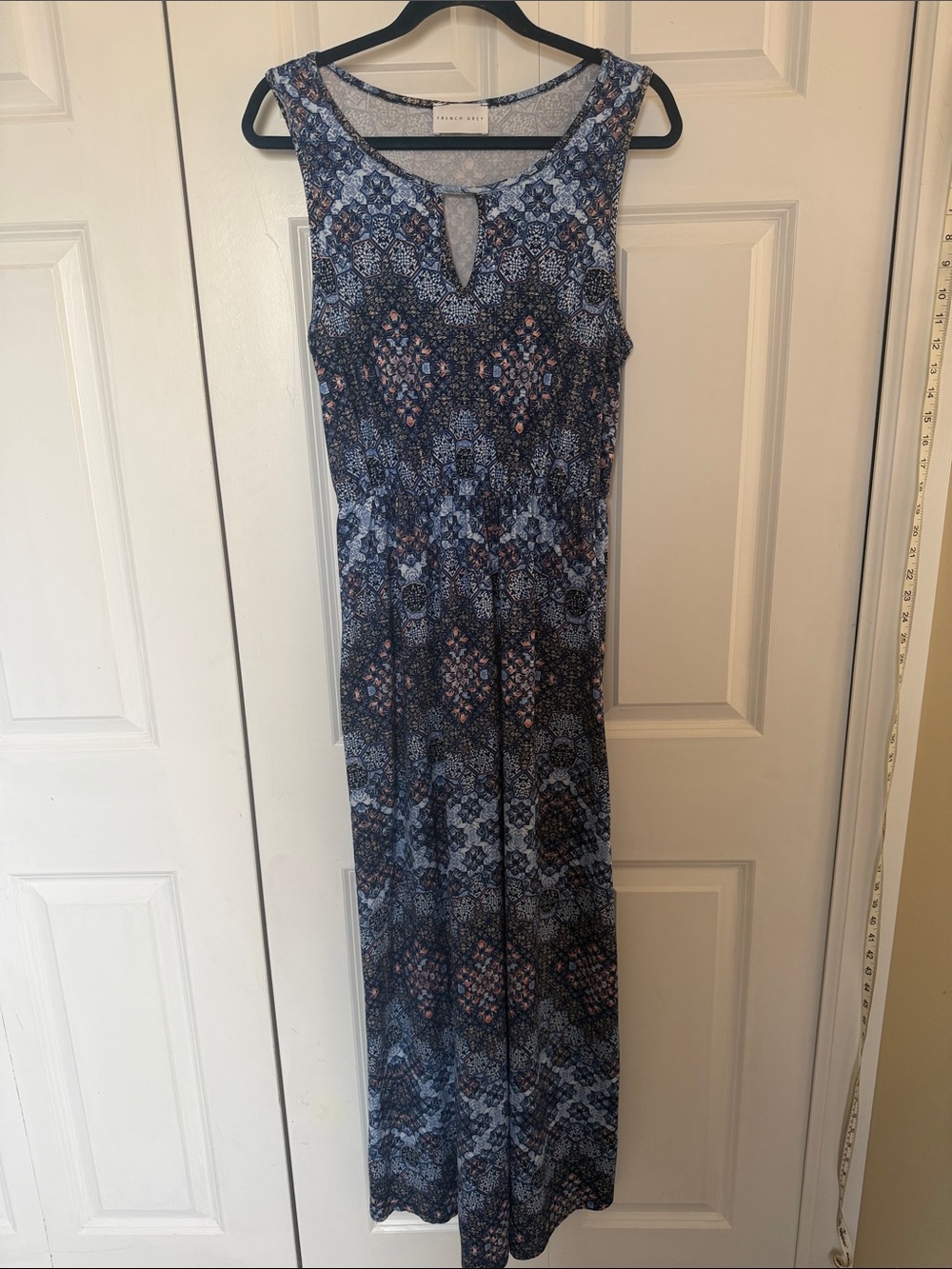 French Grey Navy and Pink Printed Maxi Dress 58 in long.